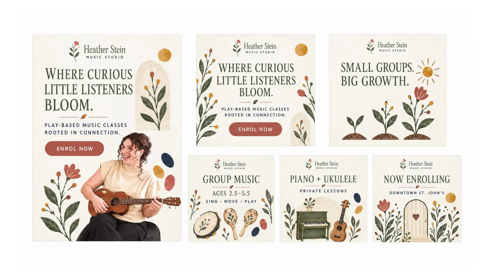 Listening Garden campaign graphics: Where curious little listeners bloom, Small groups big growth, Group music, Piano and ukulele, Now enrolling