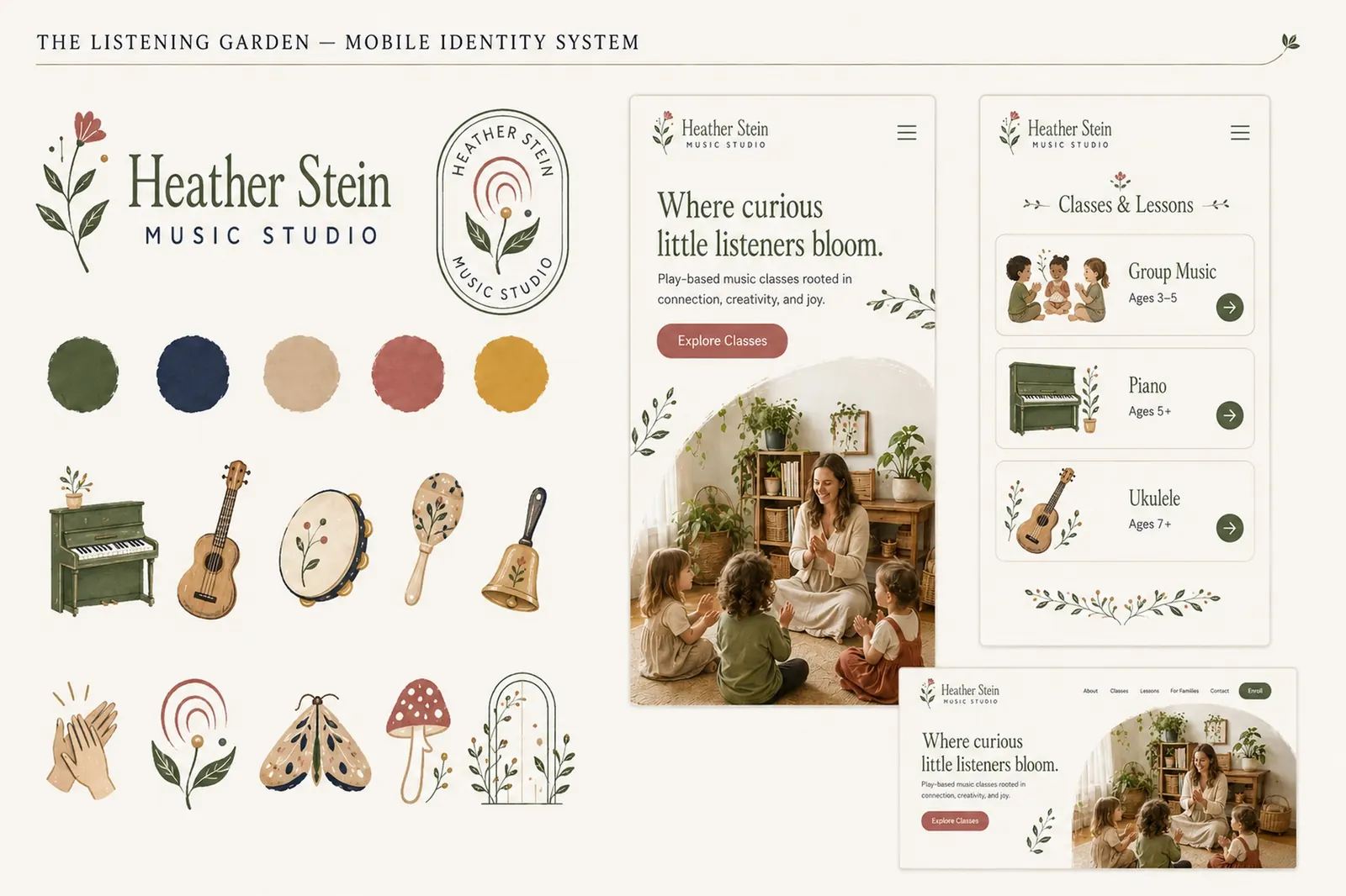 Listening Garden identity system for Heather Stein Music Studio: logo, stamp, palette, illustrated instrument icons and mobile and desktop website screens