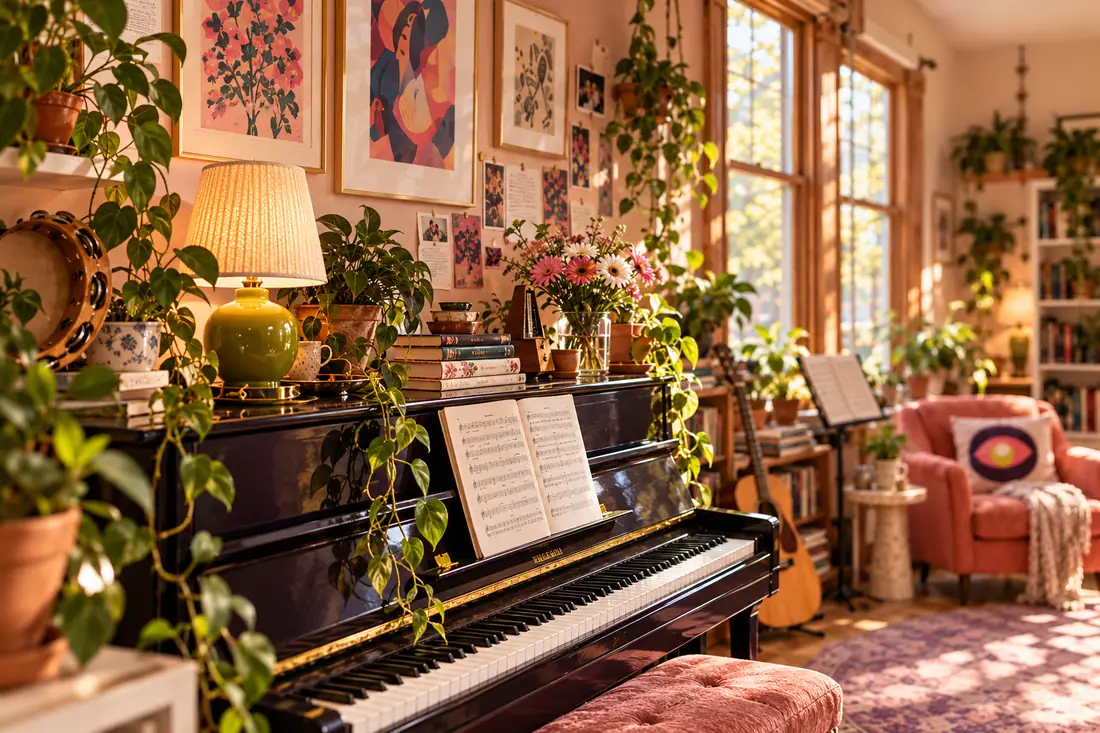 A sunlit music studio with a piano, bookshelves and trailing plants